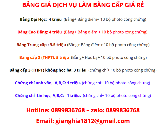 BẢNG GIÁ DỊCH VỤ BẰNG CẤP UY TÍN